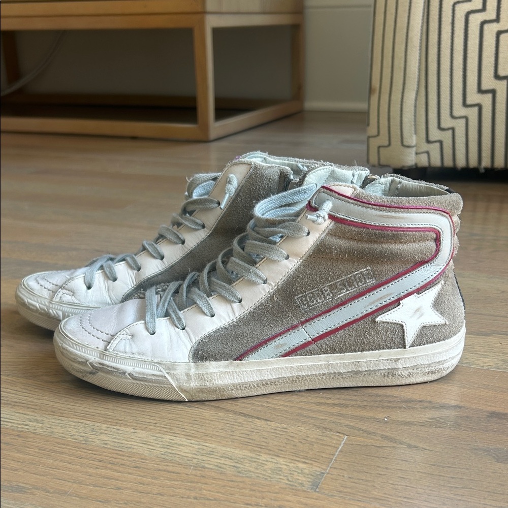 Golden Goose Slide Gray and White Sneakers with Red Accents